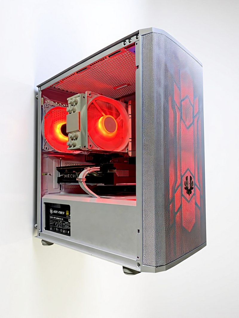 Computer case with red cooling fans on a white background